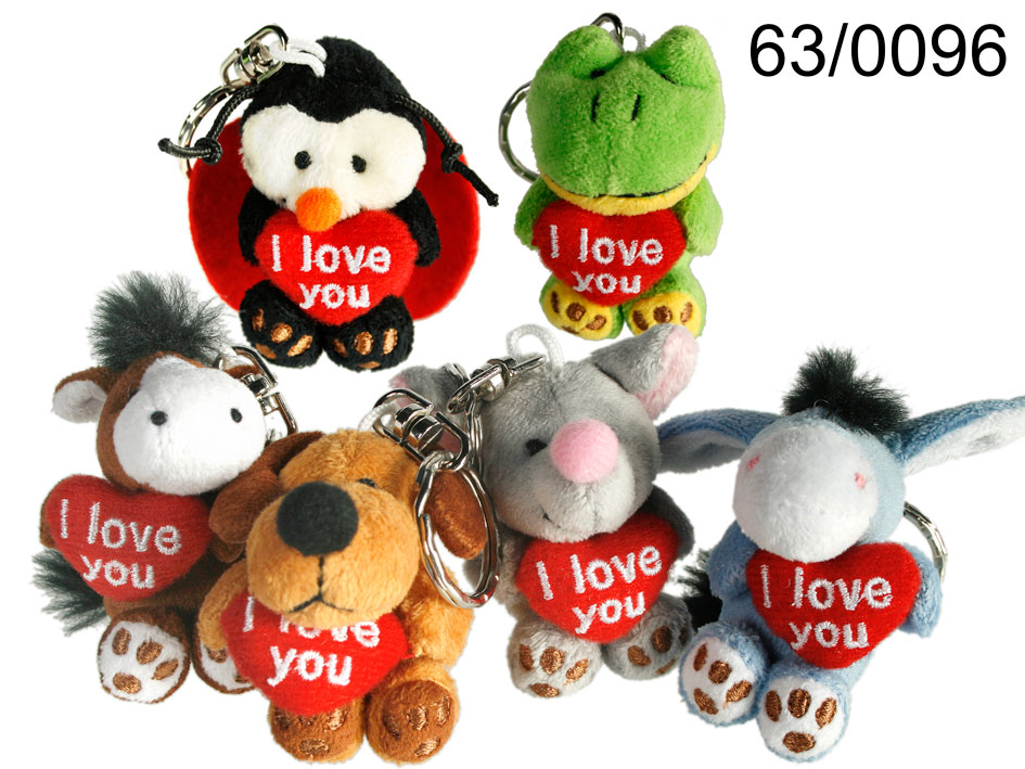 Metall-Keyring, plush animals with red heart I love you, ca. 6 cm, 6 asstd. 